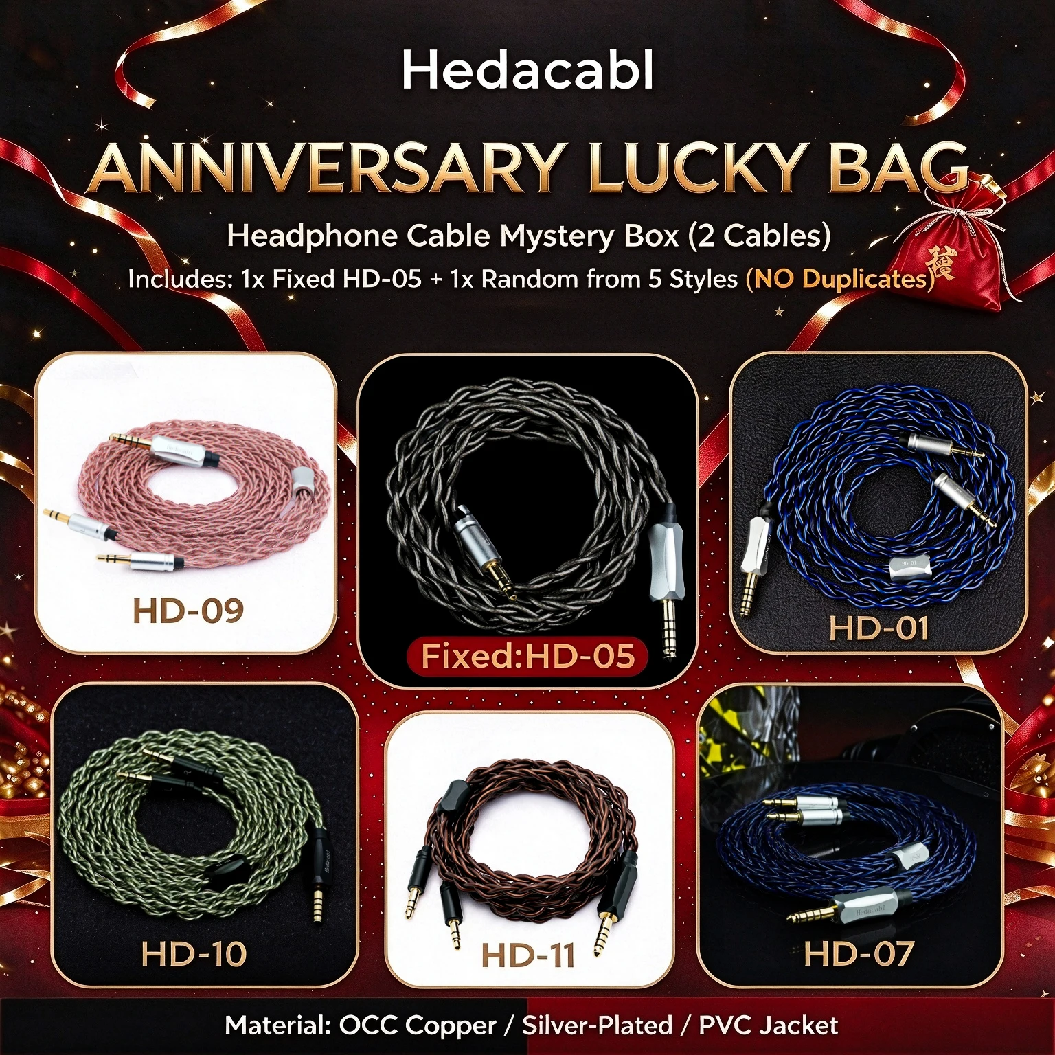 Hedacabl Anniversary Headphone Upgrade Cable Lucky Bag 4.4mm to Dual 3.5mm/HD800 1.5M OCC/Graphene for HIFIMAN Sony Sennheiser