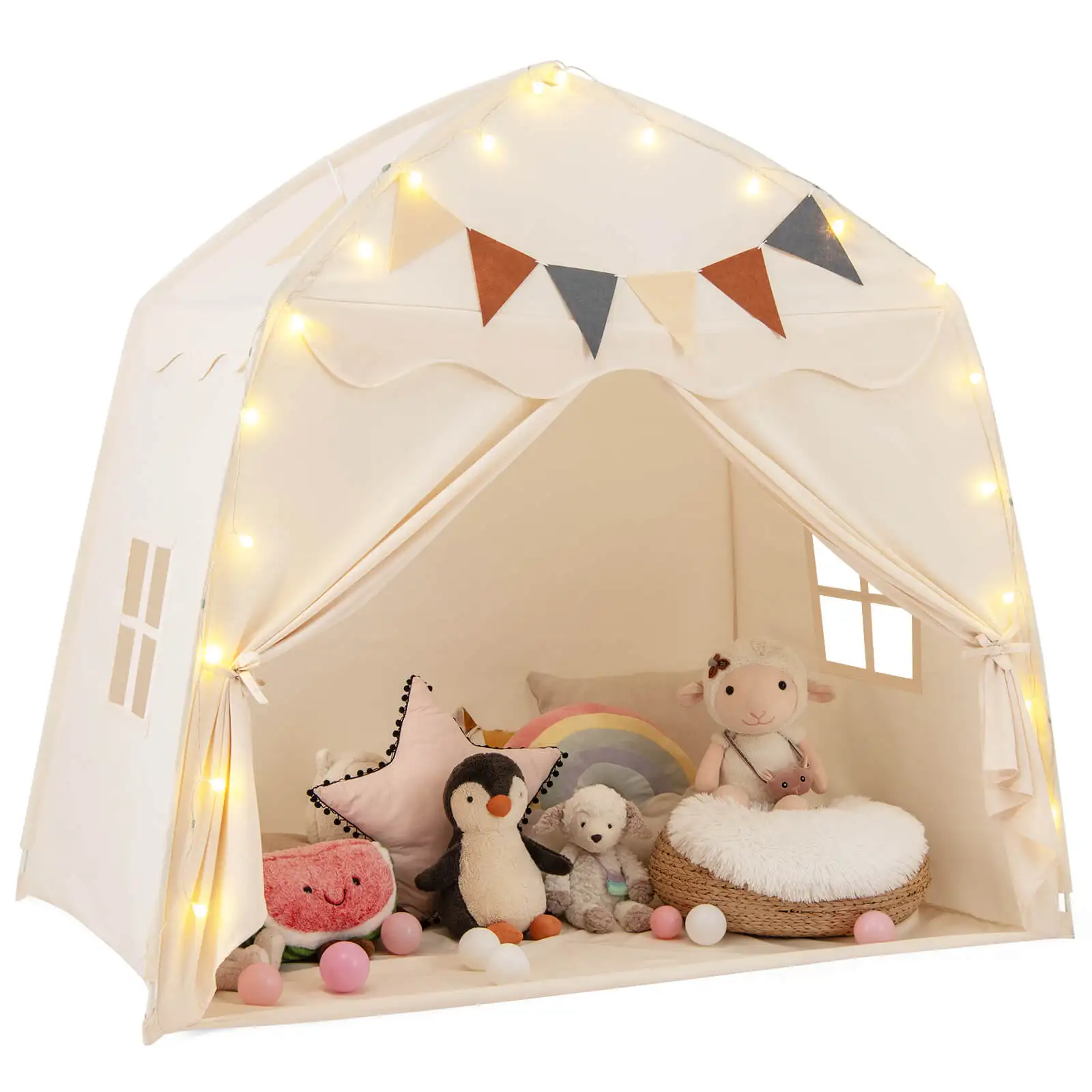 Kids Play Tent w/Flags and Globe String Lights for 3-12 Years Old Indoor Outdoor