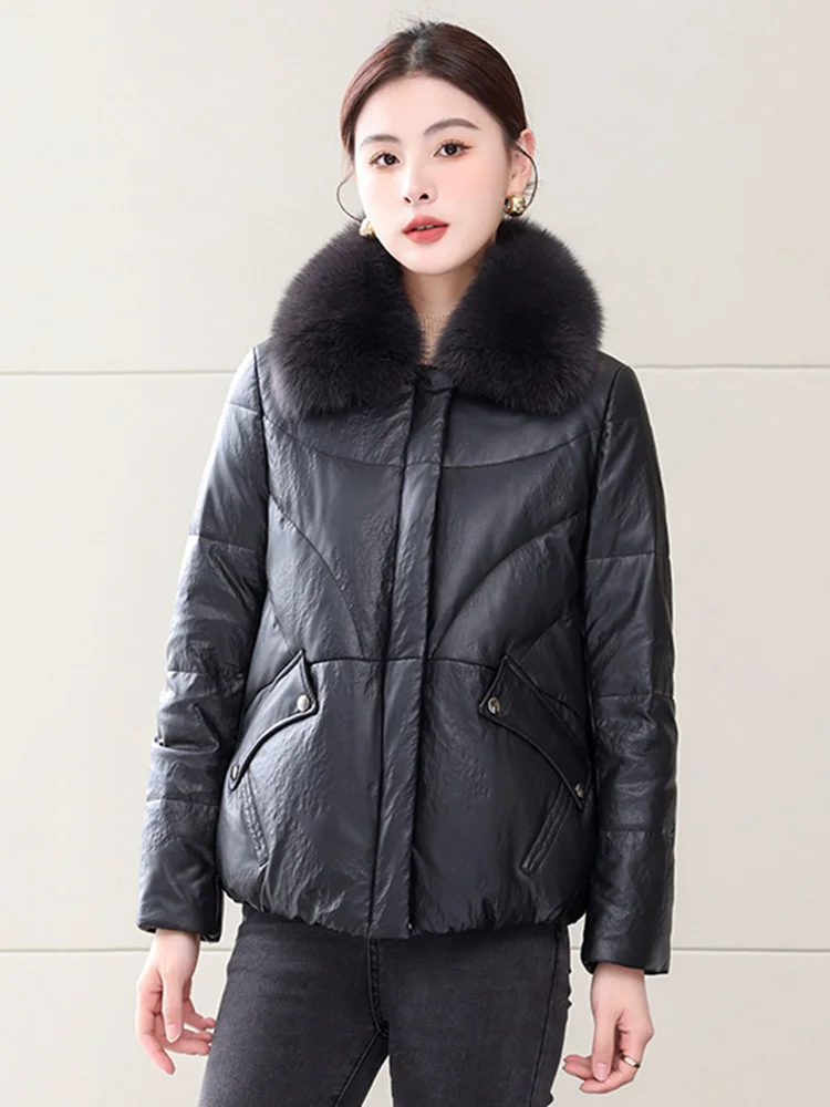 New Women Winter Casual Leather Down Jacket Fashion Warm Real Fox Fur Collar Loose Sheepskin Leather Down Coat Split Leather