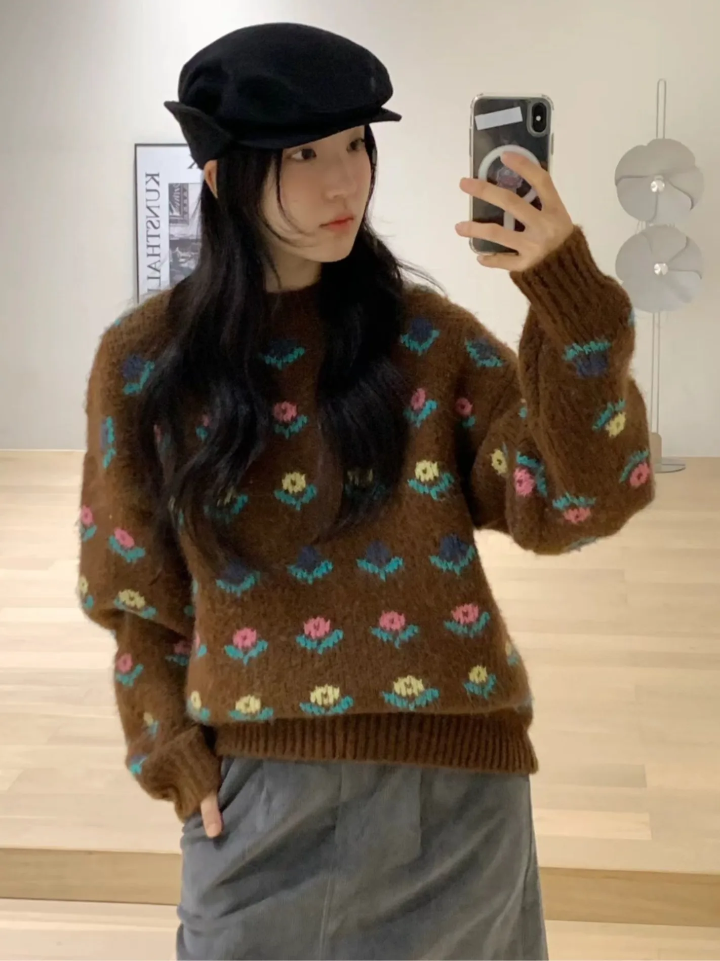 

Korean Sle Loose round Ne Sweater Women's Fre Floral Pattern Knitted Top Youthful Design Casual Wear for All Ages