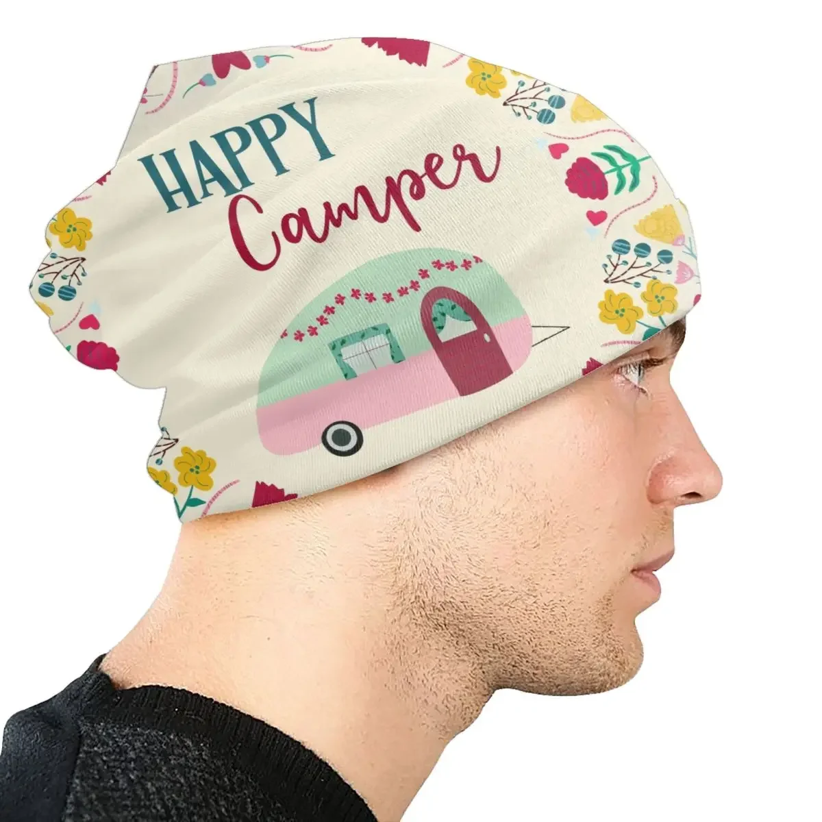 Happy Camper Van Life Skullies gorros gorras fresco invierno cálido mujeres hombres tejido sombrero adulto Unisex dibujos animados RV Camping Bonnet sombreros