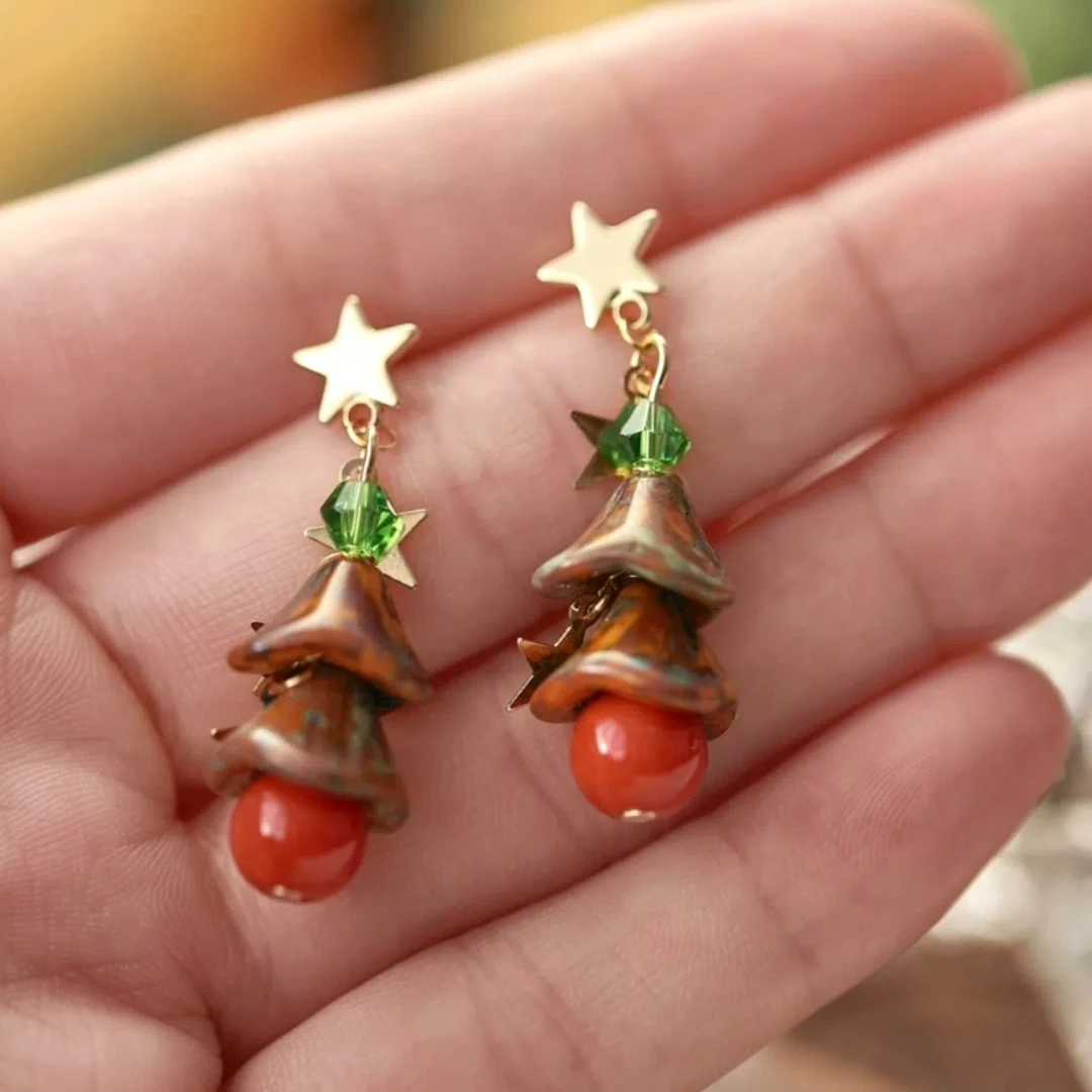 

New in Red Round Bead Vintage Retro Exquisite Cute Christmas Tree Czech Glass Star Earrings for Women Girls Y2k Jewelry Drop