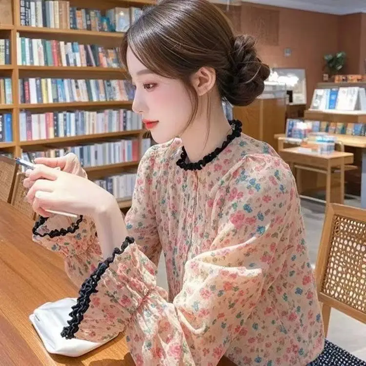 Langarmshirts für Damen, Baumwolle, Blumenmuster, schmale Passform, minimalistisch, feminin, elegant, bequem, romantisch, tägliches Büro-Outfit