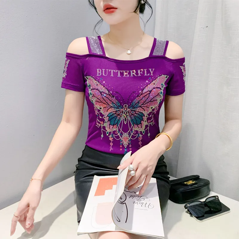 New Streetwear Girl Butterfly Letter Design T-Shirt Clothes Sexy Off Shoulder Shiny Diamonds Women Chic Mesh Tops Tees Shirts