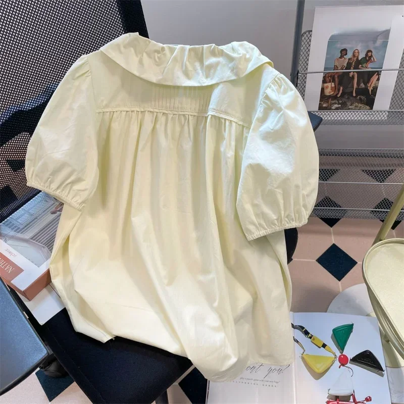 Sweet Pleated Peter Pan Collar Short Sleeve Shirts Bow Lace-up Bubble Sleeved Loose Blouse Summer Solid All-match Blusas Mujer