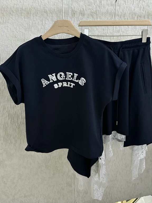 

American Sweet Cool Style Sports Two-Piece Set 2026 Spring Summer Lace Letter T-Shirt Irregular Lace Midi Skirt Women