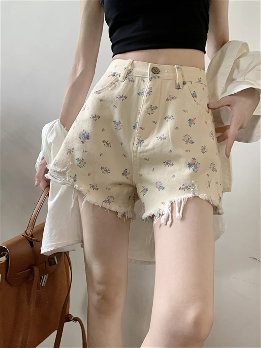 

Alien Kitty Beige Women Wide Leg Shorts Slim Flowers Loose Office Lady High Waist Casual Jeanswear Party Early Autumn Denim