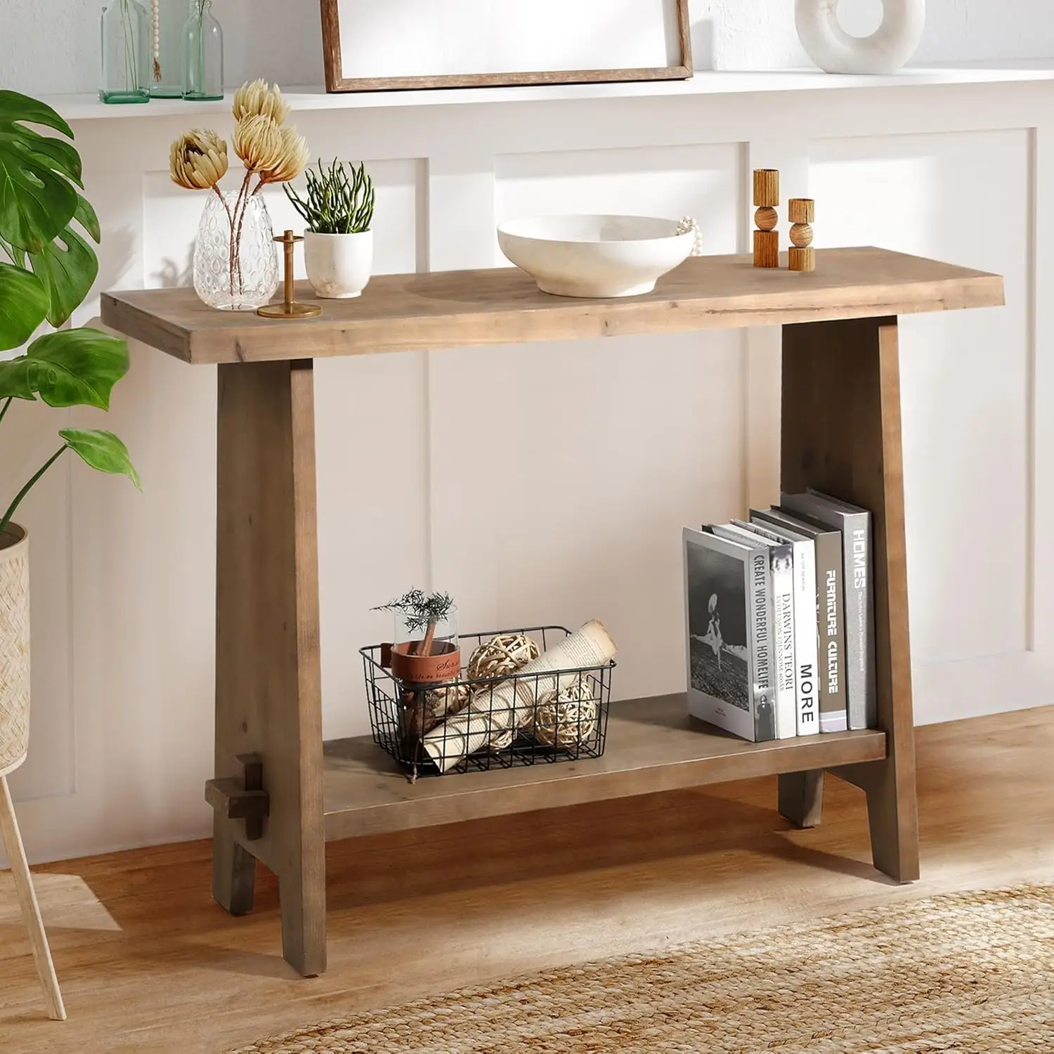 

Solid Wood Console Table, 43.3" Farmhouse Entryway Table with Storage Shelf, Rustic Narrow Skinny Behind Couch Sofa, Customized