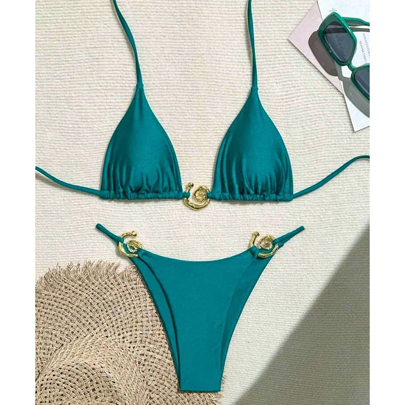Microbikini de Metal para mujer, traje de baño Sexy con cordones y cuello Halter triangular, conjunto de Bikini con Tanga de corte alto, traje de baño para playa, conjunto de 2 piezas