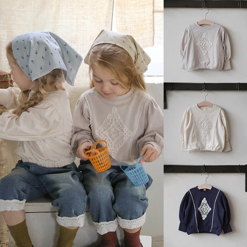 

2025 Autumn Children and Girls Hollow Embroidered Lace Round Neck Loose Long-sleeved Sweater Kids Clothes Girls