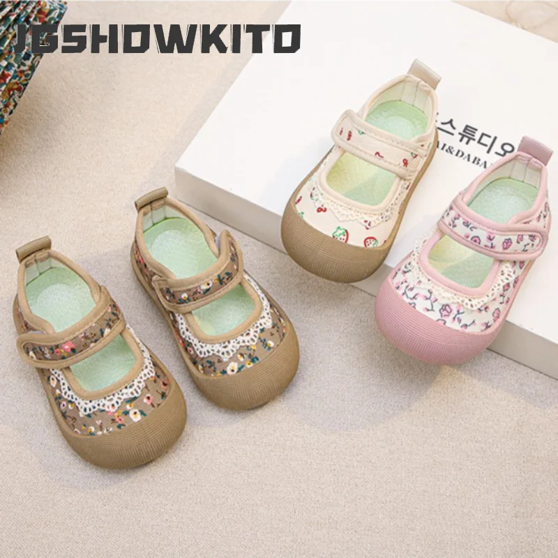 JGSHOWKITO Toddler Girls Floral Canvas Shoes Anti-kick Breathable Children Causal Shoes Hook Loop Soft Kids Outdoor Flat Shoes