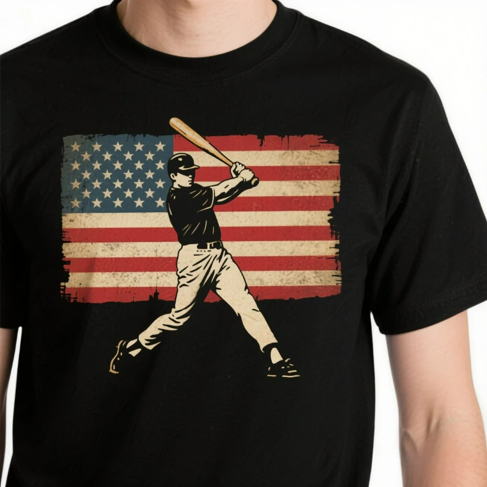 

Vintage America Flag Baseball Hitter T-Shirt. Premium Cotton Short Sleeve O-Neck Mens T Shirt New S-3XL
