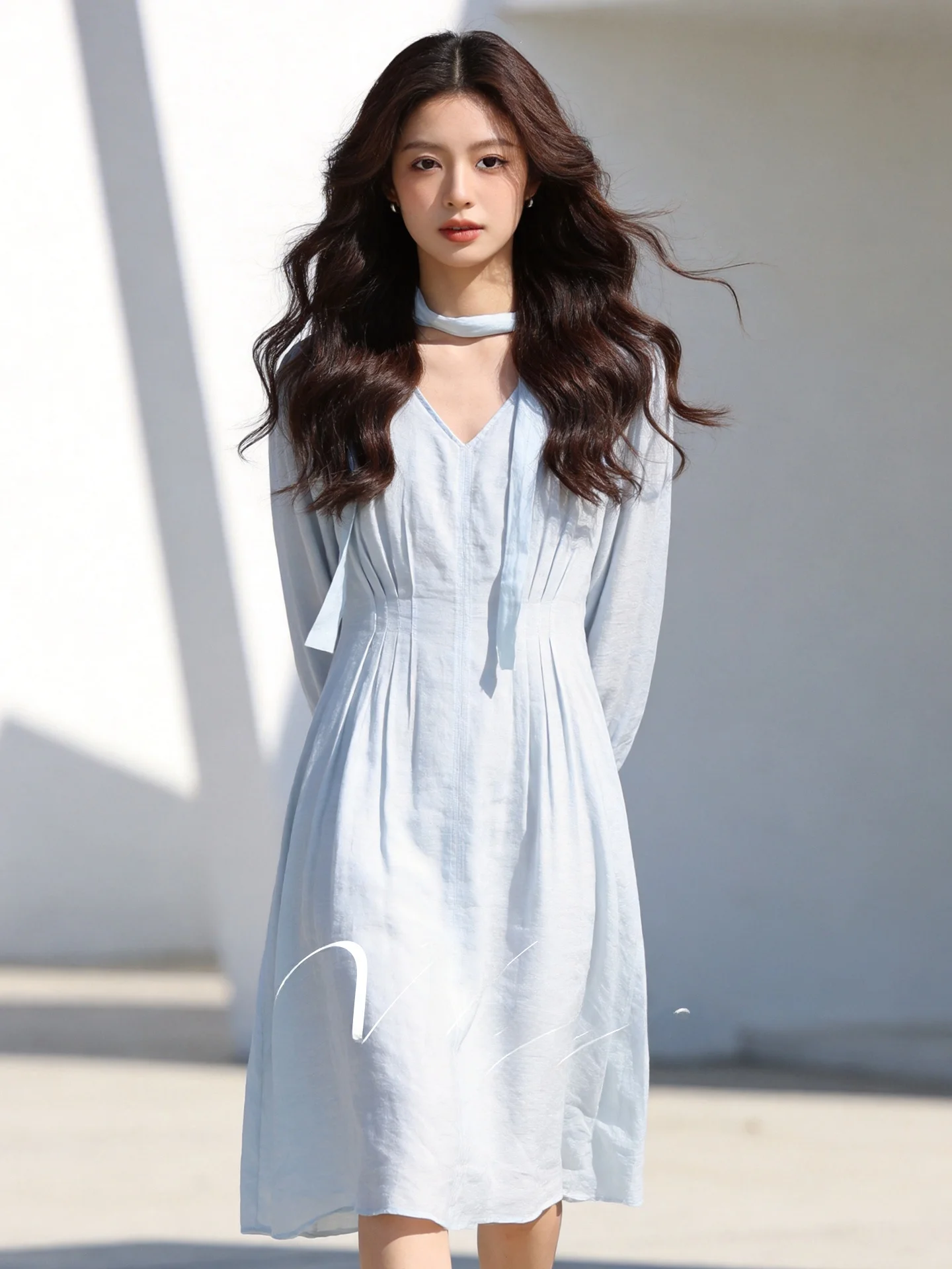 

plus Size Midi Dress V-Neck Long Sleeve A-Line Skirt Slimming Effect Summer New Arrival Women's Clothing Commute Style Polyes...