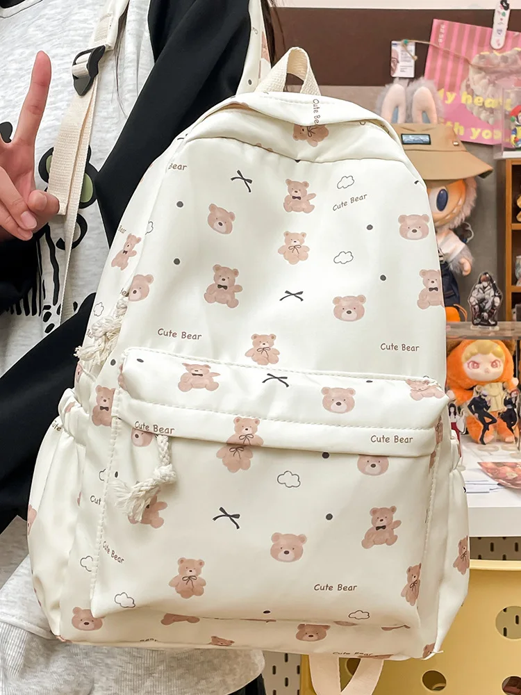 Ins Japanese Style Cute Bear Printed Backpack Two Colors Simple Large Capacity Girls Middle High School Travel Backpack