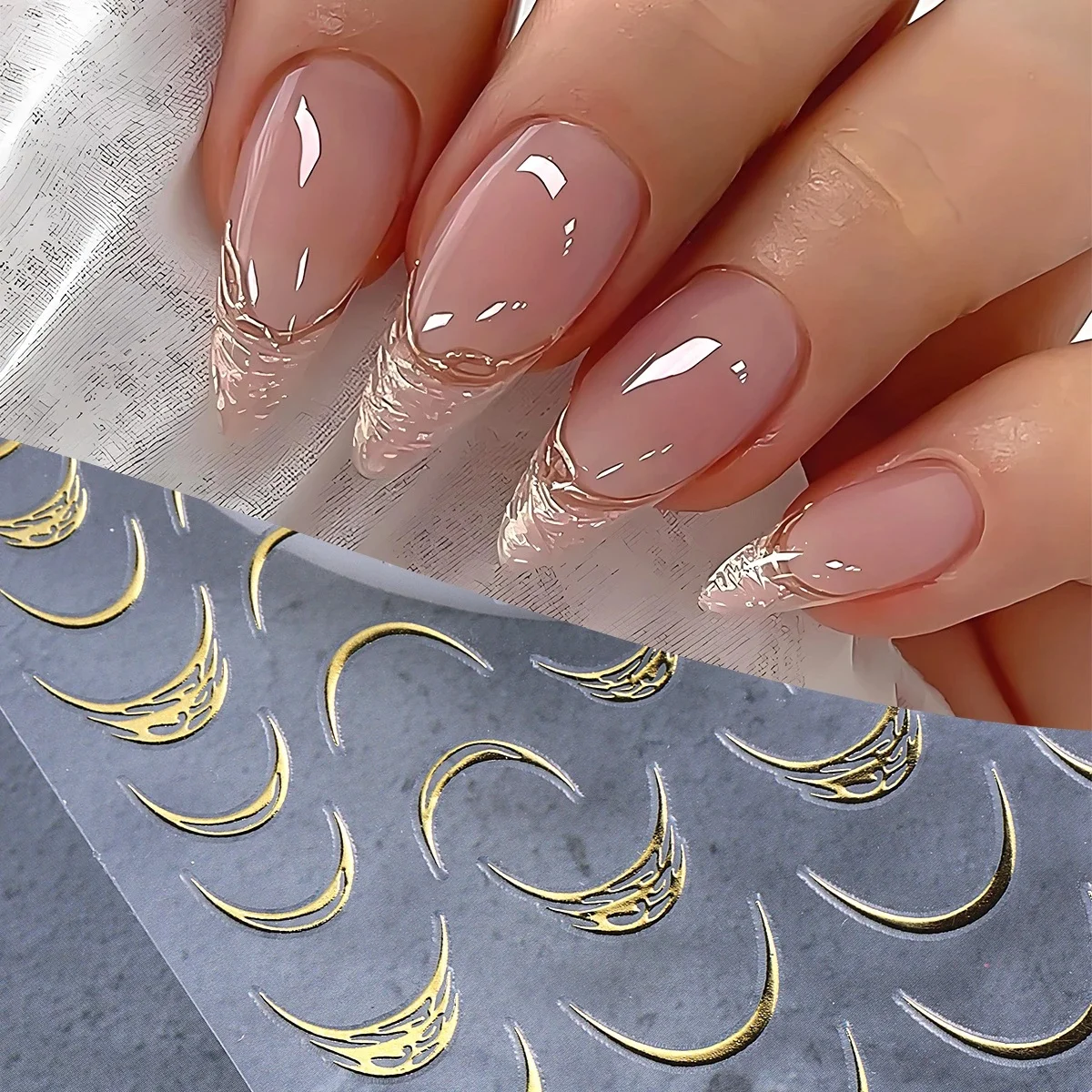 1 stks 3D Sparkle Vergulden Franse Kwastje Vorm Nail Sticker Goud Zilver Ster Maan Zelfklevende Decals Stempelen Manicure Decoratie