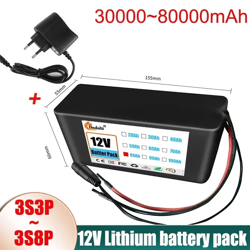 3S3P 12V Battery Pack 18650 Lithium-ion 12V 30000mAh DC12.6V Ultra Large Capacity Rechargeable Battery with BMS+charger