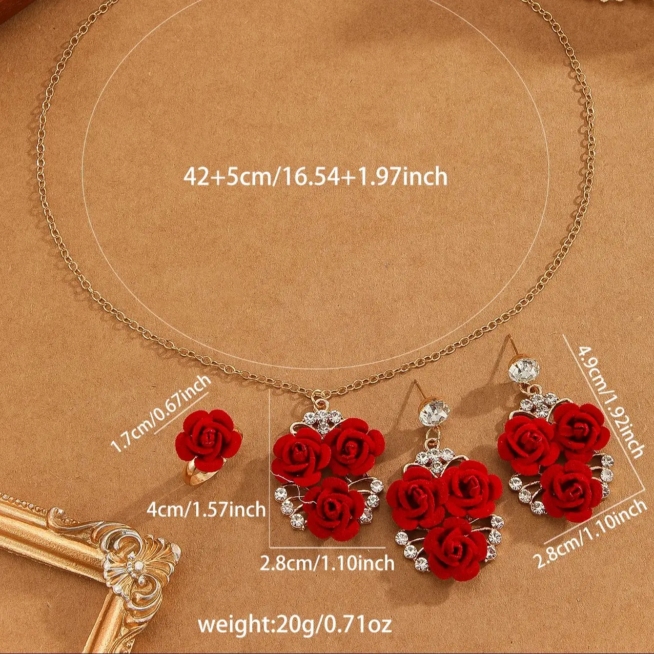 4pcs/Set Romantic Lovely Red Rose Flower Inlaid Rhinestone Pendant Necklaces+Dangle Earrings+Ring，For Women Valentine\'S Day Gift