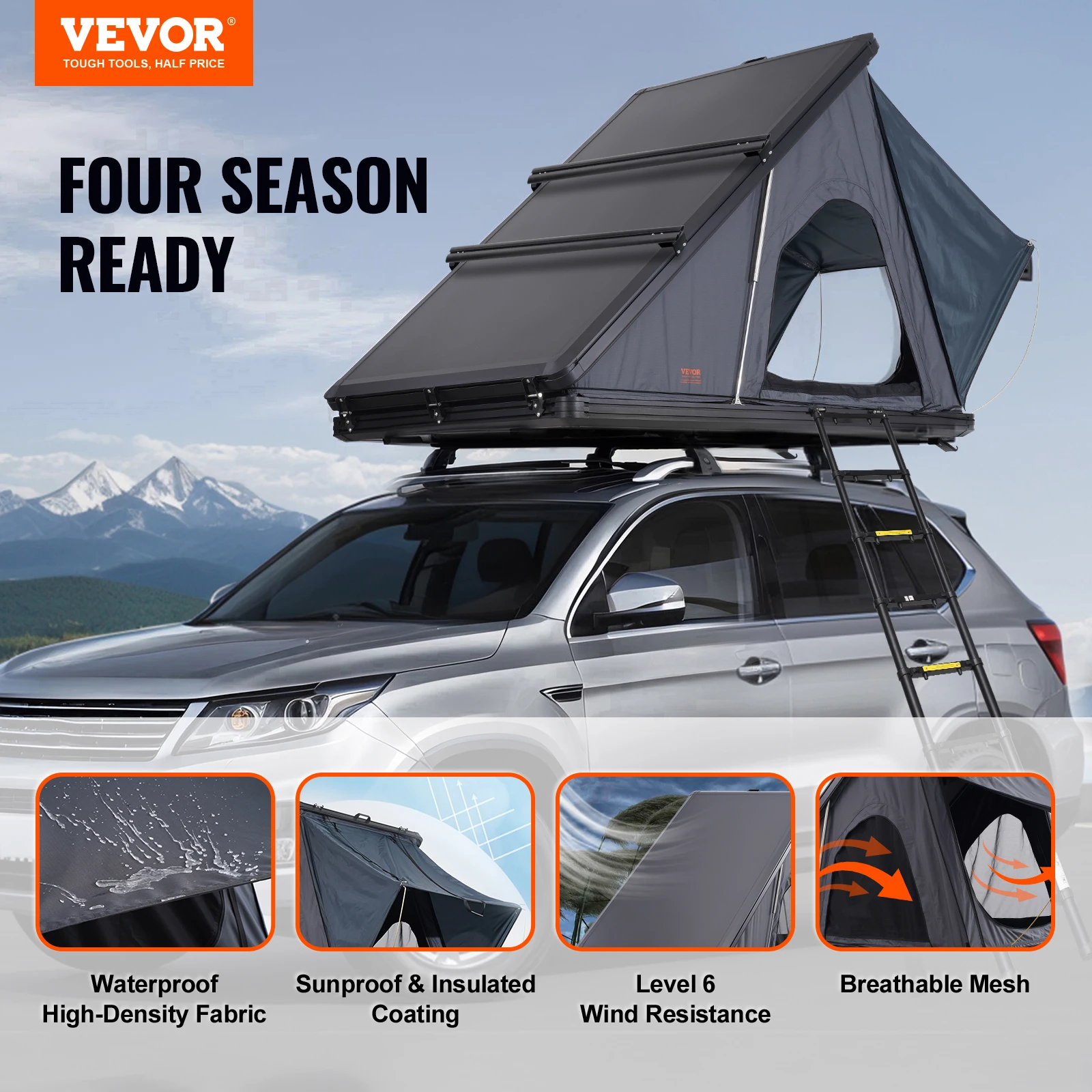 VEVOR Rooftop Tent Hard Shell, Hard Shell Roof Top Tent with Telescopic Ladder Thick Mattress, Waterproof Windproof for Jeep SUV