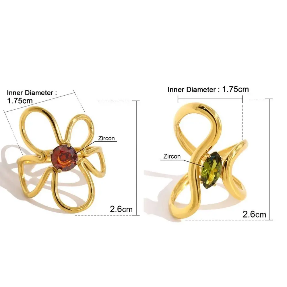 Wellendesign Unregelmäßige Edelstahlringe Doppelschichtige Rote Zirkon-Blumenmuster 18K Vergoldete Ringe Offener Ring