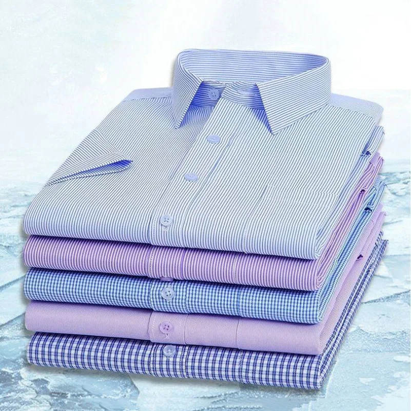

Премиальные брендовые мужские рубашки с коротким рукавом, летние, деловые, классические, повседневные, в полоску, в клетку, рабочая одежда, фиолетово-синие, 6XL, большие размеры