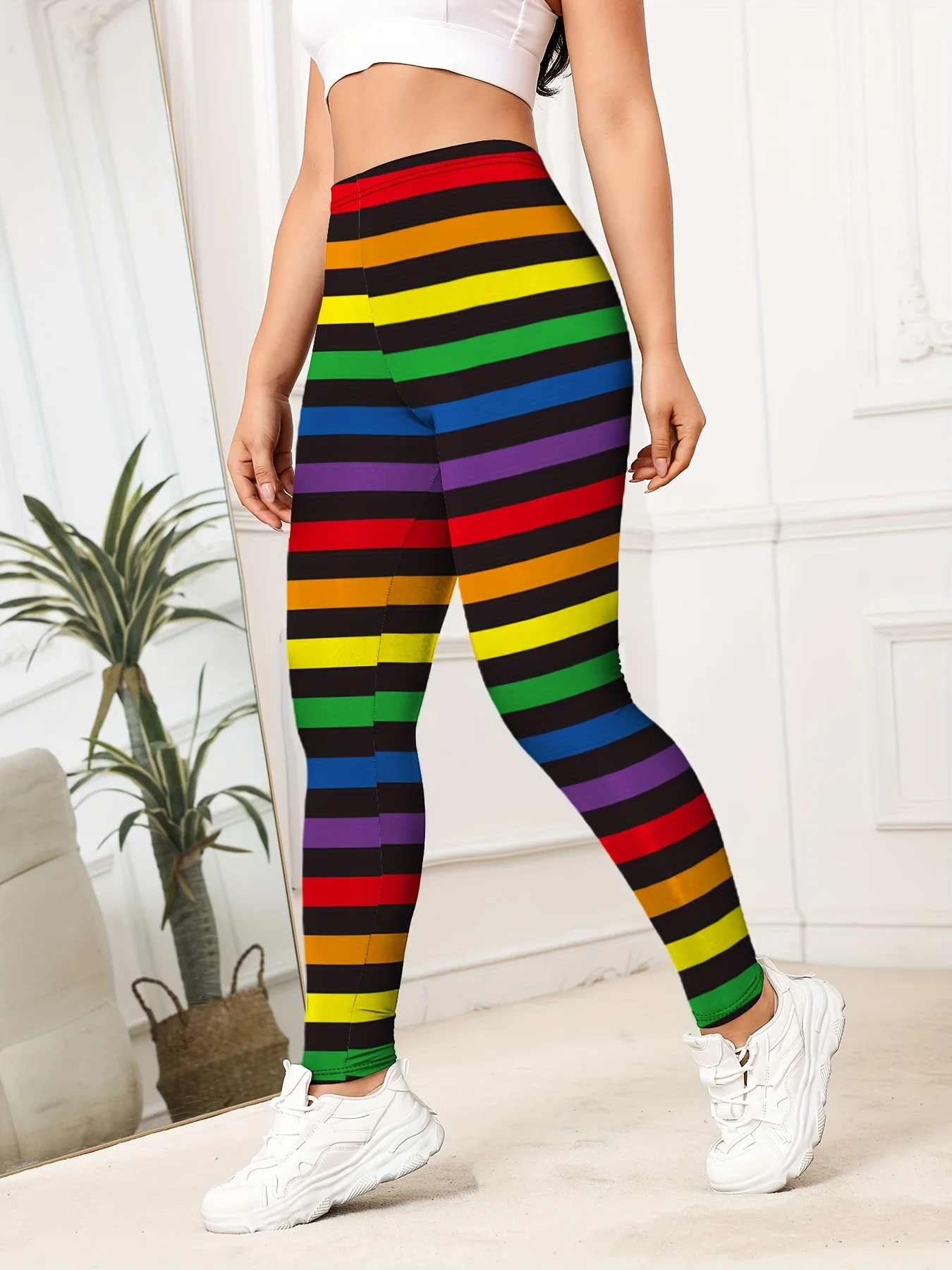Women's Mid‑Rise Fleece Lined Leggings Rainbow Stripe Print Stretch Slim Warm Ladies Casual Pants