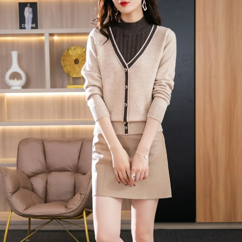 Korean Fashion Fake Two Piece Women Color Block Sweaters Spring Autumn Mock Neck Simple Loose Knitted Long Sleeve Pullovers Top