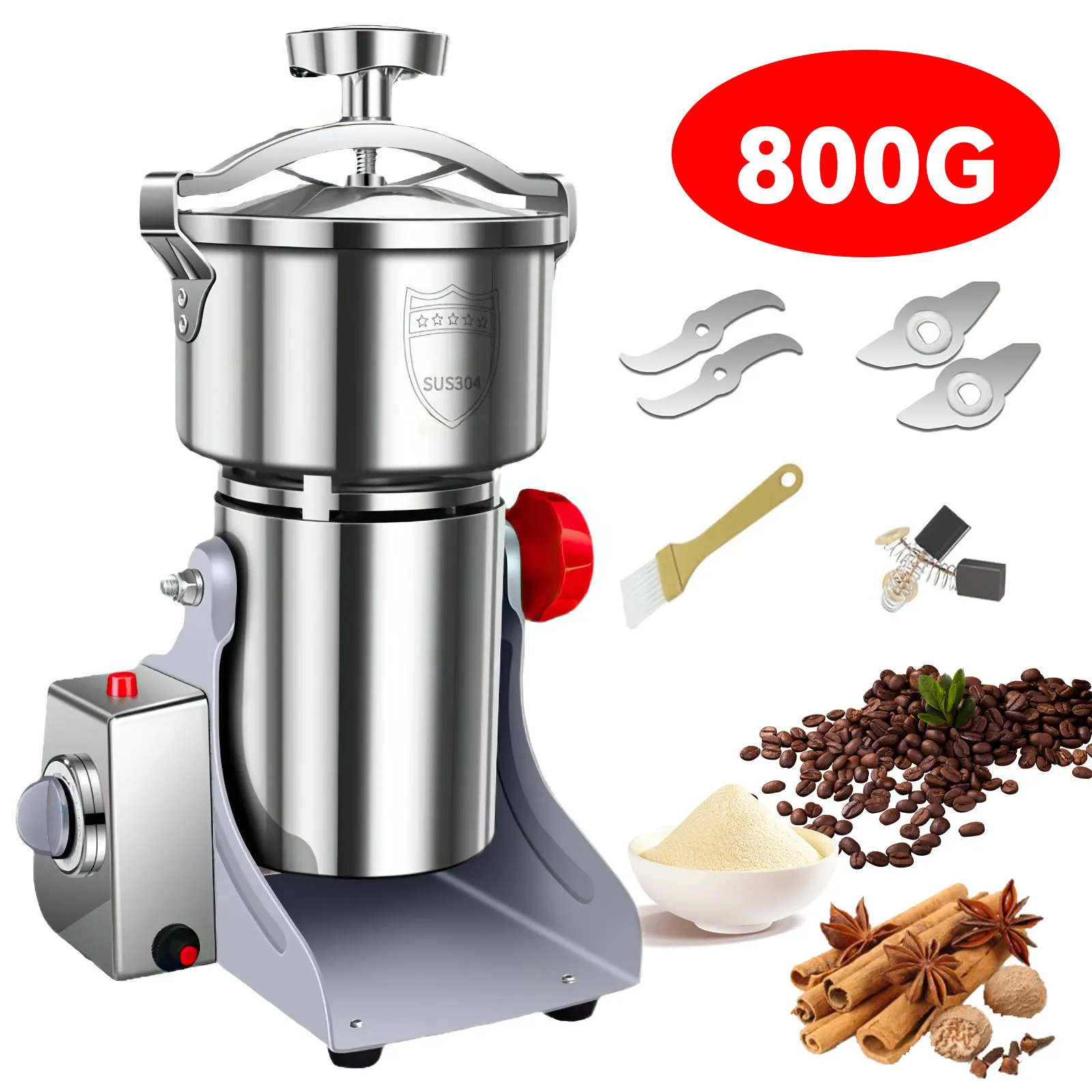 3500W Getreidemühle, Edelstahl Hochgeschwindigkeits-Elektromühle für Getreide, Nüsse, Gewürze & Kaffee, 800g Kapazität Getreidezerkleinerer, 220V