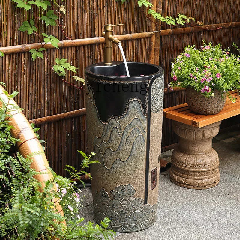 Chinese balcony column basin integrated floor wash basin courtyard outdoor wash basin