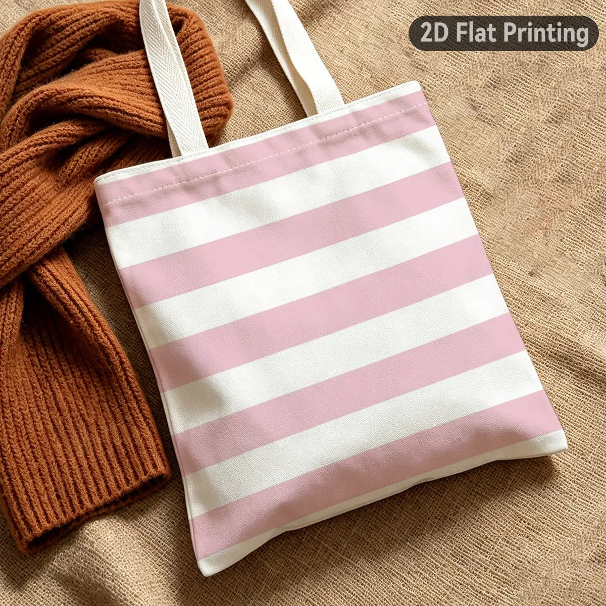 2D Flat 1pc Striped Style Pink And White Stripes Durable Tote Bag, Duplex Prints Pastel Pink And White Stripes, Ideal for Grocer