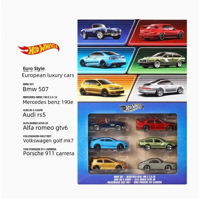 Hot Wheels 6-Pack European Luxury Cars Diecast Model BMW 507 Mercedes 190E VW Golf Alloy Toy Car Collection