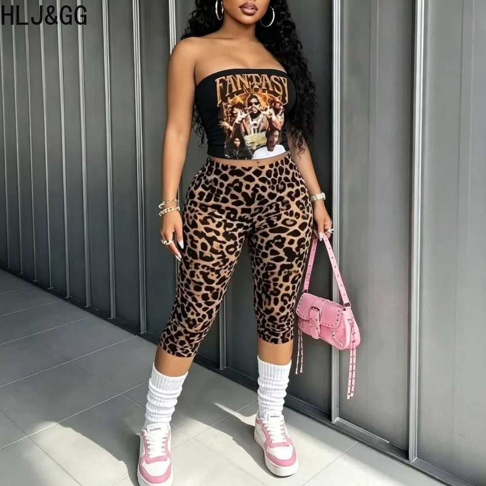 HLJ&GG Y2K Fashion Letter Print Women 2 Piece Outfit Sleeveless Backless Crop Top+Leopard Print Capri Pants Matching Streetwear