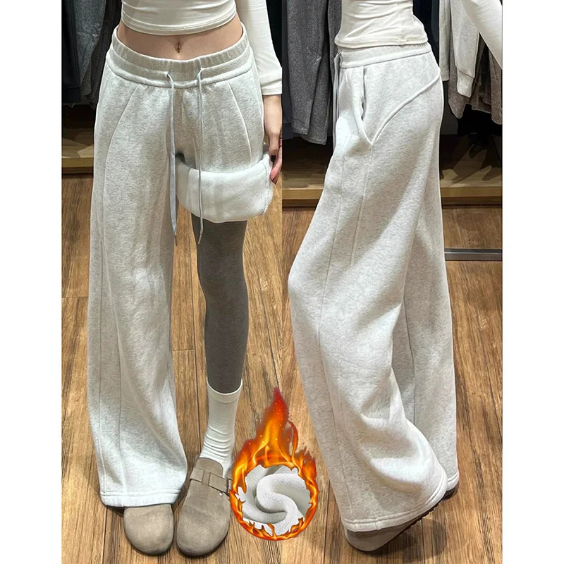 Winter Lady Solid High Waist Plush Slacks Girls Fashion Snow Warm Velvet Pants Women Korean Classic Straight Leg Trousers