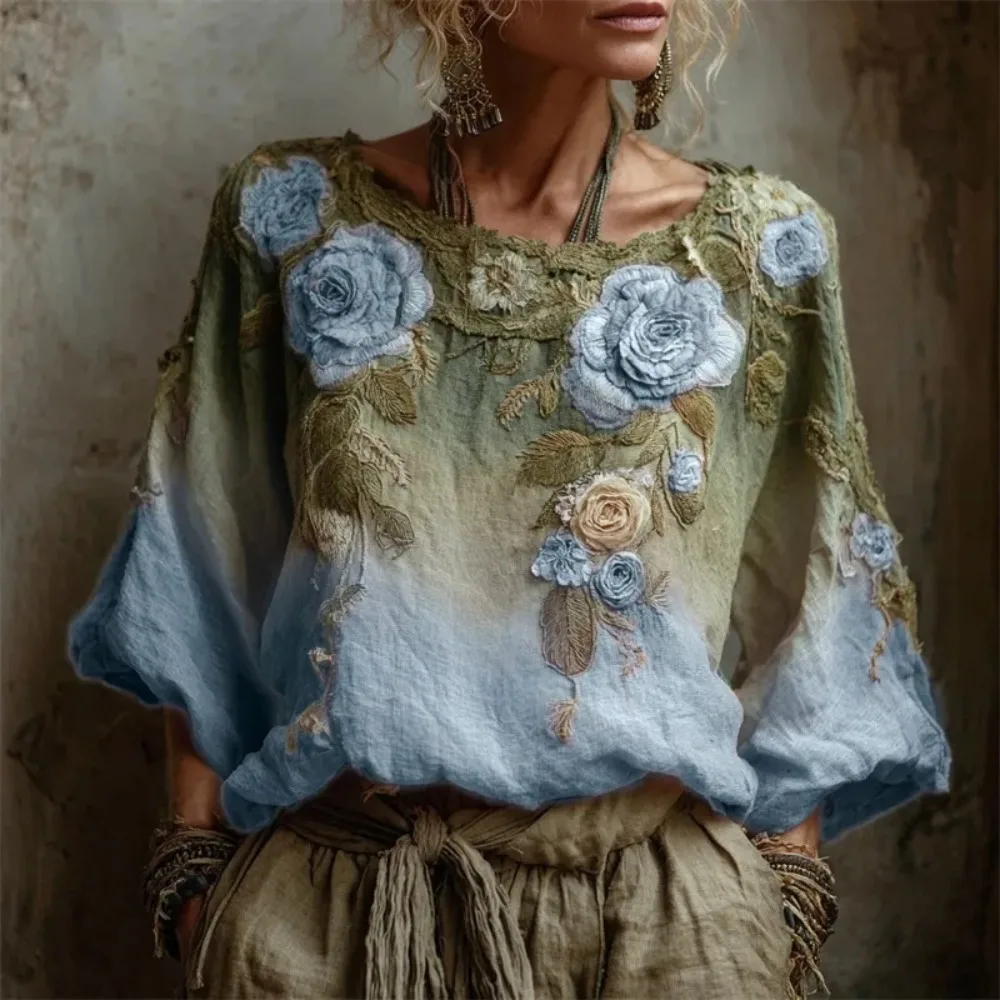 

Bohemian Print Blouses Women Long Sleeve Round Neck Tops Vintage Music Festival Style