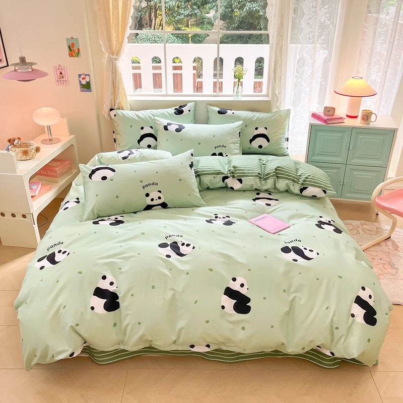 Cute Animal Panda Duvet Cover 3pcs Cotton Cartoon Black White Chinese Panda Bedding Set Soft Reversible Stripe Comforter Cover