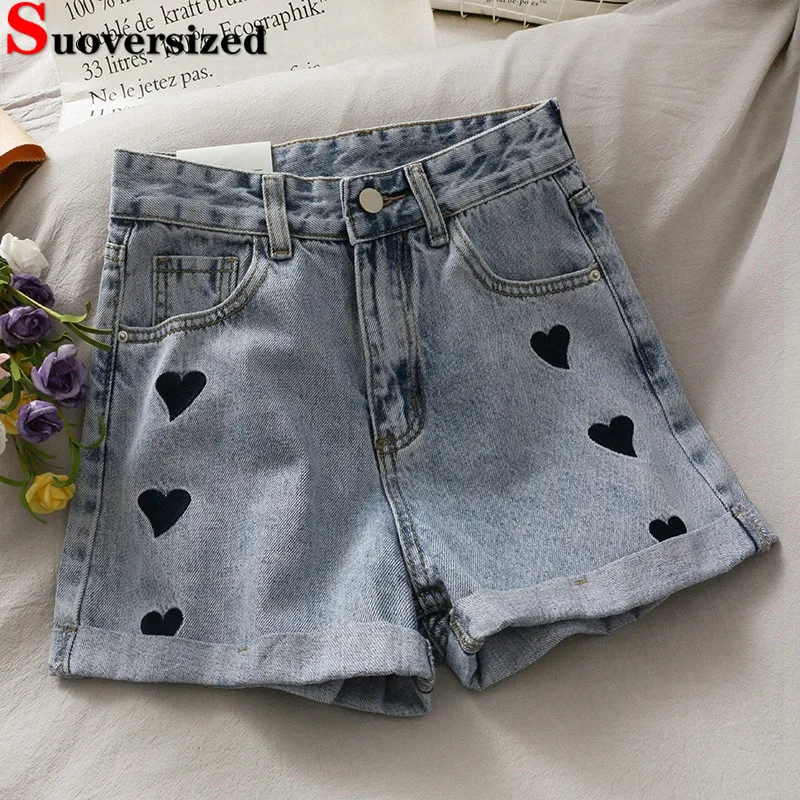 

Chic Love Print High Waist Denim Shorts Korean Design Streetwear Cuffs Jean Short Pants Women Vintage A-lined Pantalones Cortos