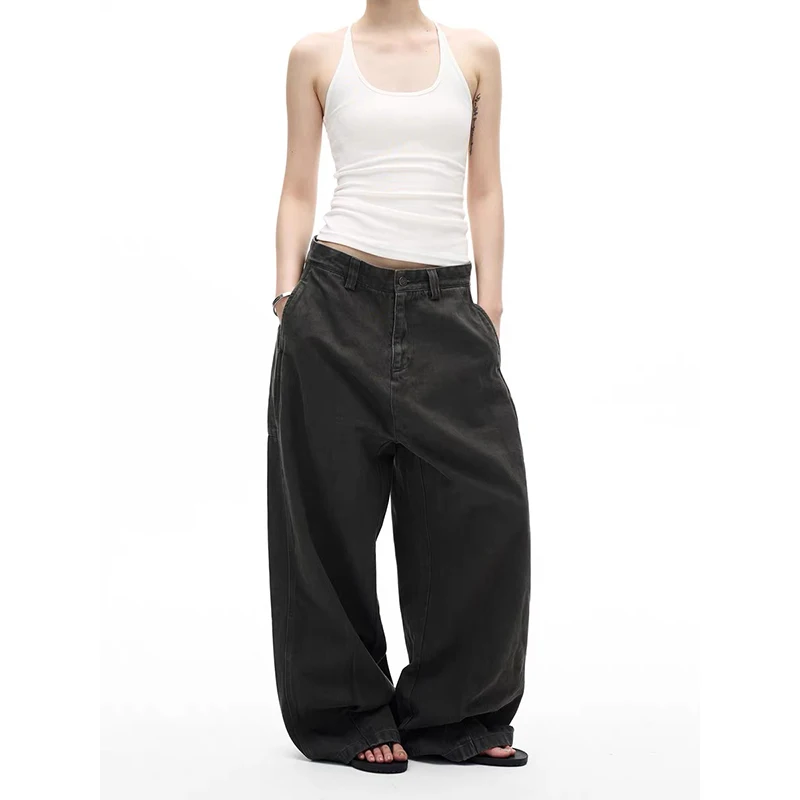 

ZHIZOU Женские серые джинсы Широкие джинсовые брюки Goblin Core American Retro 2000s Abi Y2K Harajuku Ковбойские джинсовые брюки High Street