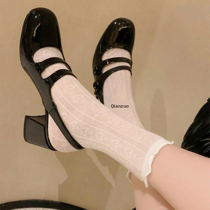 Japanese Style JK Love Lace Edged Short Mid-Calf Socks Women's Thin Summer Bubble Socks White Match with Little Leather Shoes