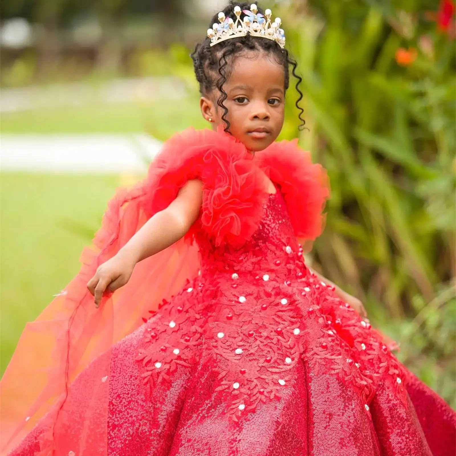 Red Sequined Baby Girls Birthday Dresses Sparkly Beaded Flower Girl Dresses for Wedding Party Baby Girl Prom Gown for Photoshoot