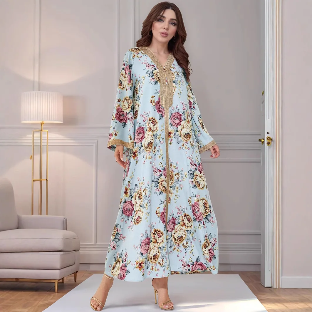 Vestido largo informal holgado con estampado de Oriente Medio para mujer, vestido largo Abaya con manga acampanada y empalme de cinta a la moda con cuello en V