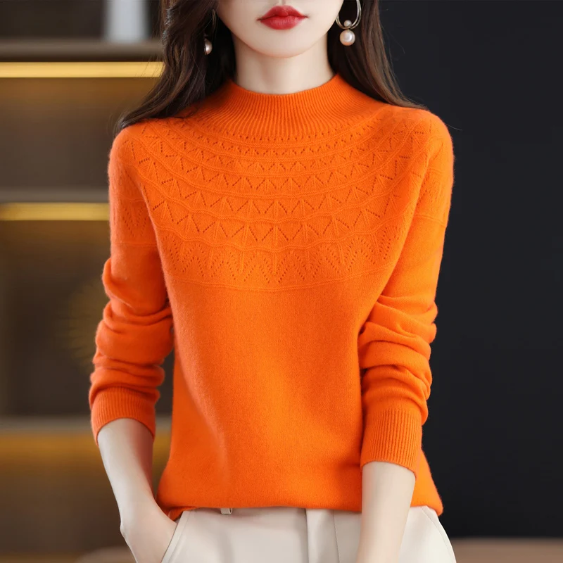 2024 new 100% merino wool semi-turtleneck sweater solid color long-sleeved women\'s knitted openwork sweater loose pullover