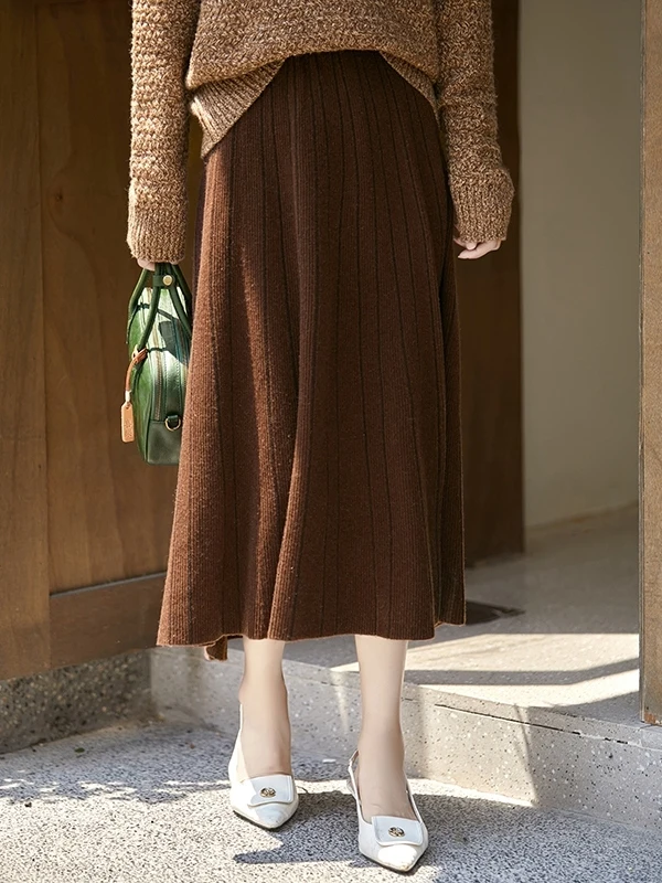 Autumn Winter Women's Fashion Woolen Knitted Half Skirt Loose Fit Cashmere Skirt High Waist A-Line Skirt Bright Thread Detail