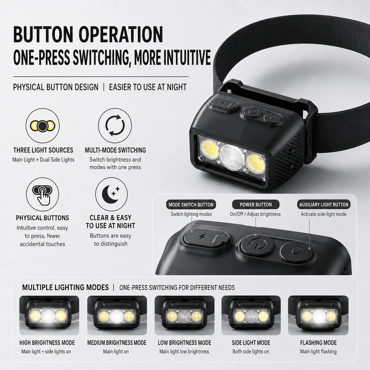 PHILIPS Rechargeable LED Headlamp Adjustable Headband 3 Light Sources Head Flashlight for Fishing Night Cycling Outdoor