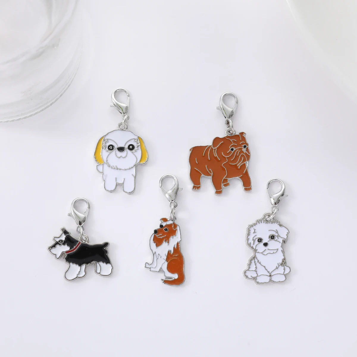 5 Pcs Cute Dog And Cat Animal Enamel Charms bulk Silver Color Keychain Backpack Women Girls Keyring Decoration Pendant Car Keys