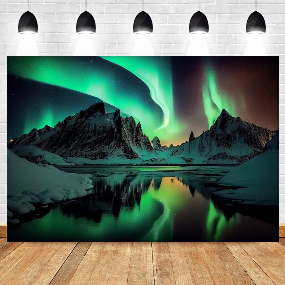 Aurora Borealis Backdrop Arctic Snow Capped Mountains Lake Starry Sky Scenery Northern Lights Winter Landscape Photo Background