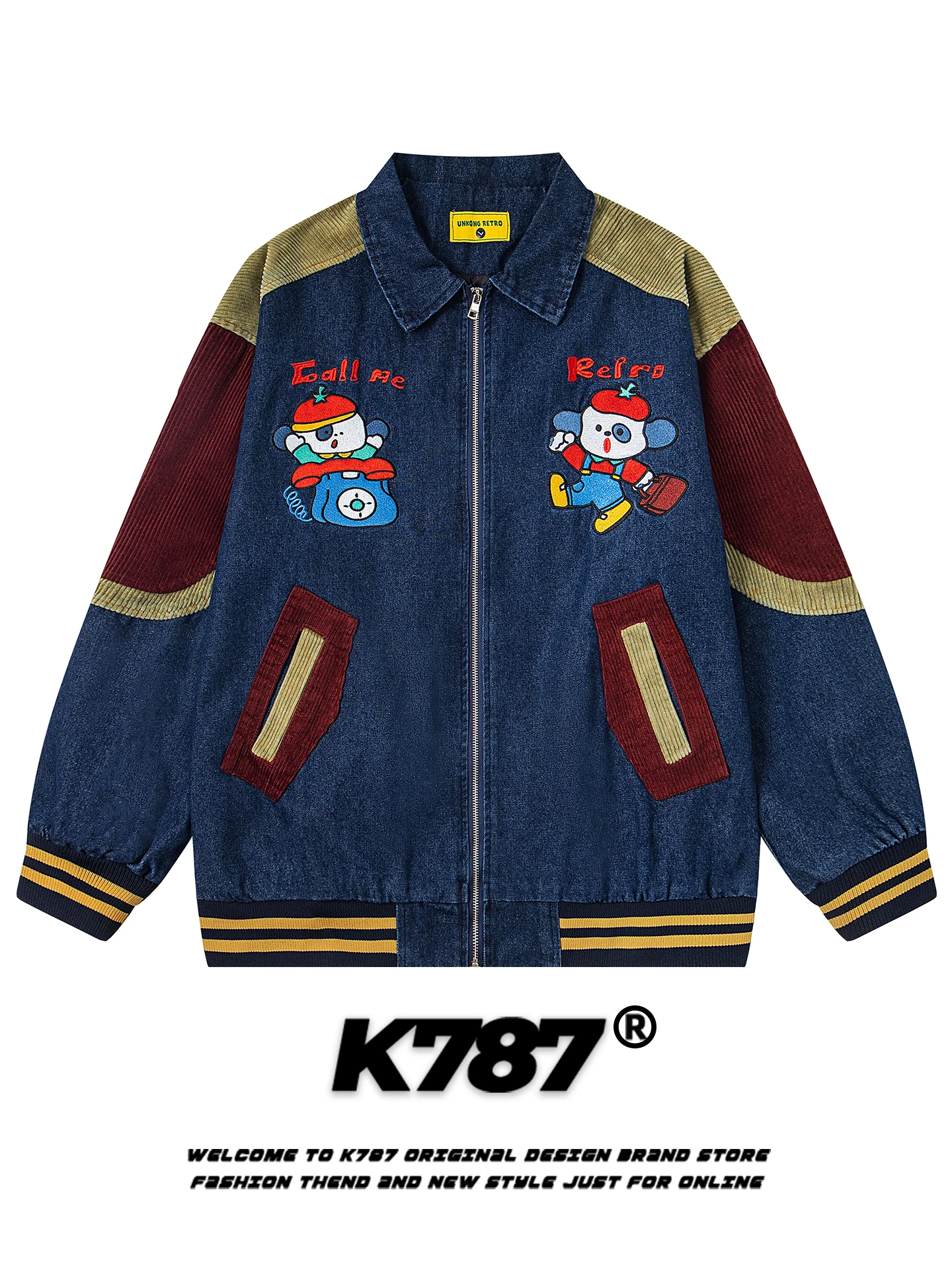 

Ретро-куртка с американской мультяшной вышивкой, на молнии, с воротником, мужская и женская, повседневная, модная, брендовая, осенне-зимняя, для пар, верхняя одежда