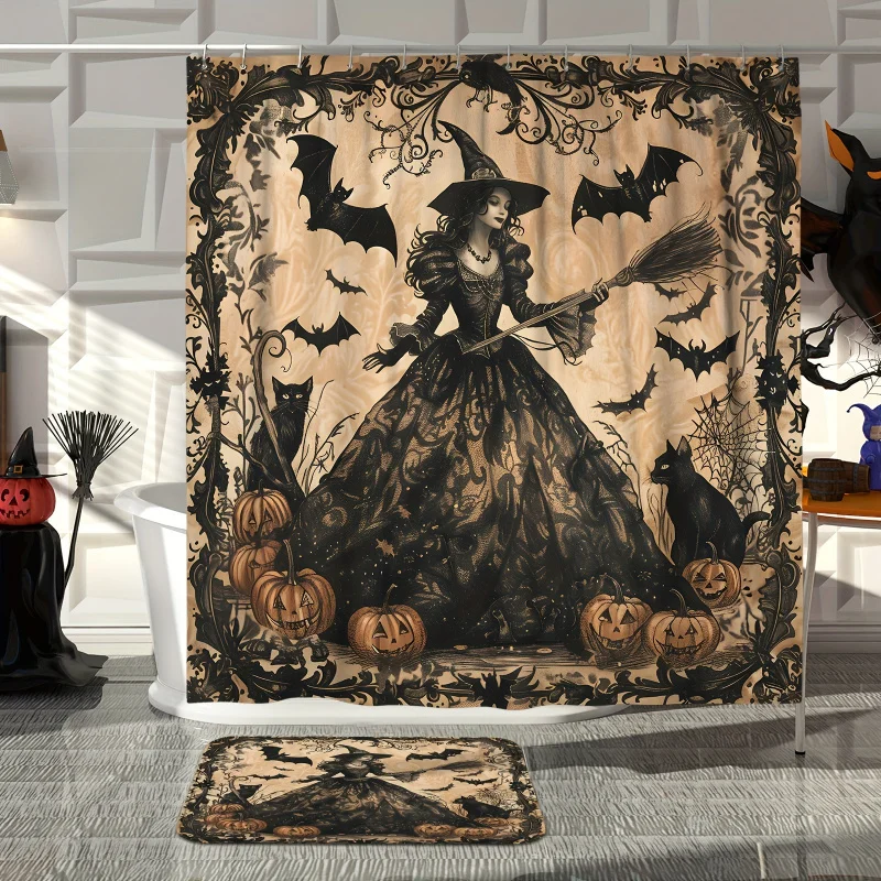 Spooky Vintage Halloween Shower Curtain Set: Includes 1/4Pcs Witch, Bats, Pumpkins, Black Cat, And Non-Slip Bath Mat with 12 Hoo