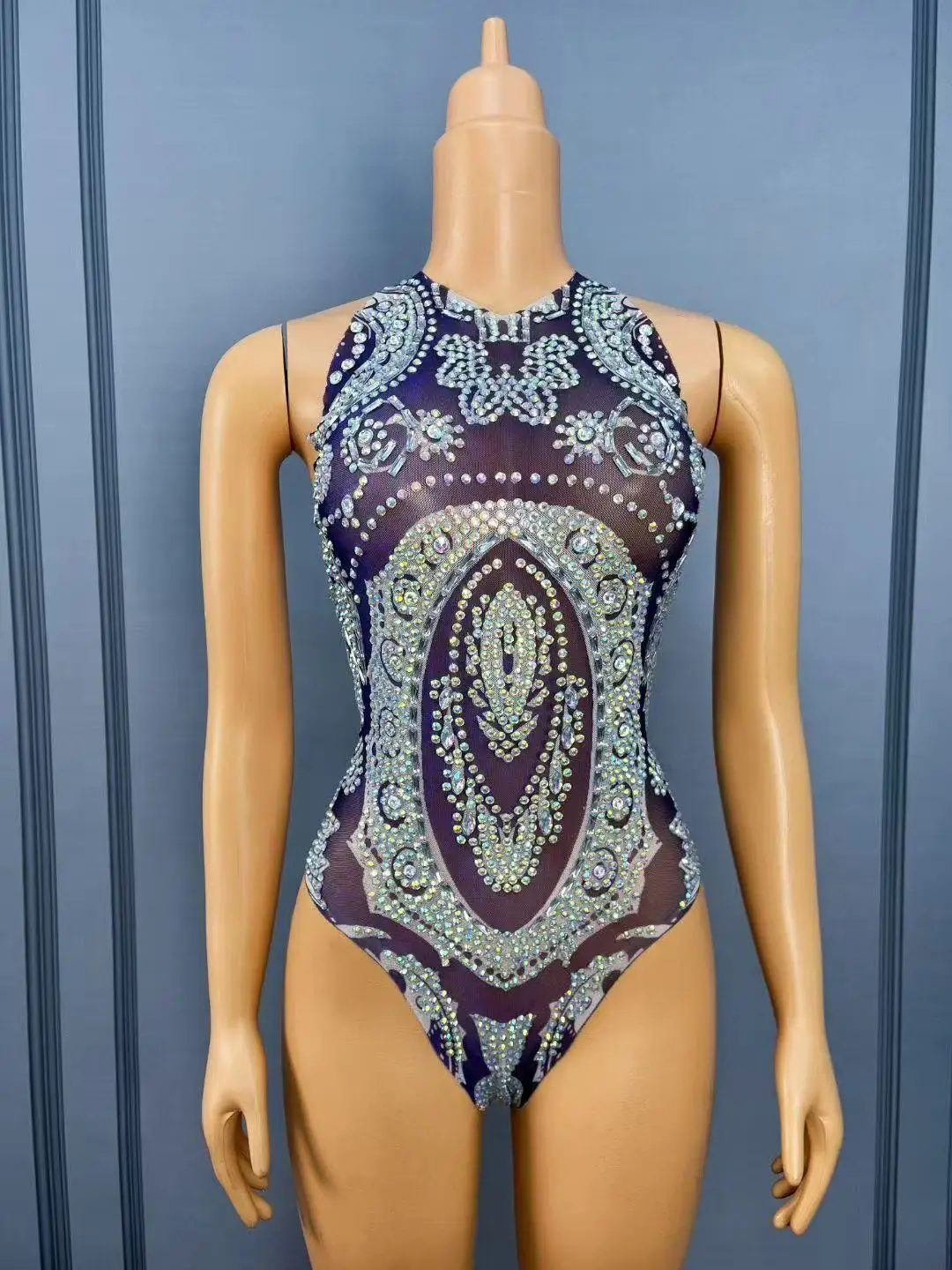 Body Sexy en maille bleue transparente avec strass scintillants pour femmes, tenue de défilé de mode, Costume de séance photo pour spectacle sur scène