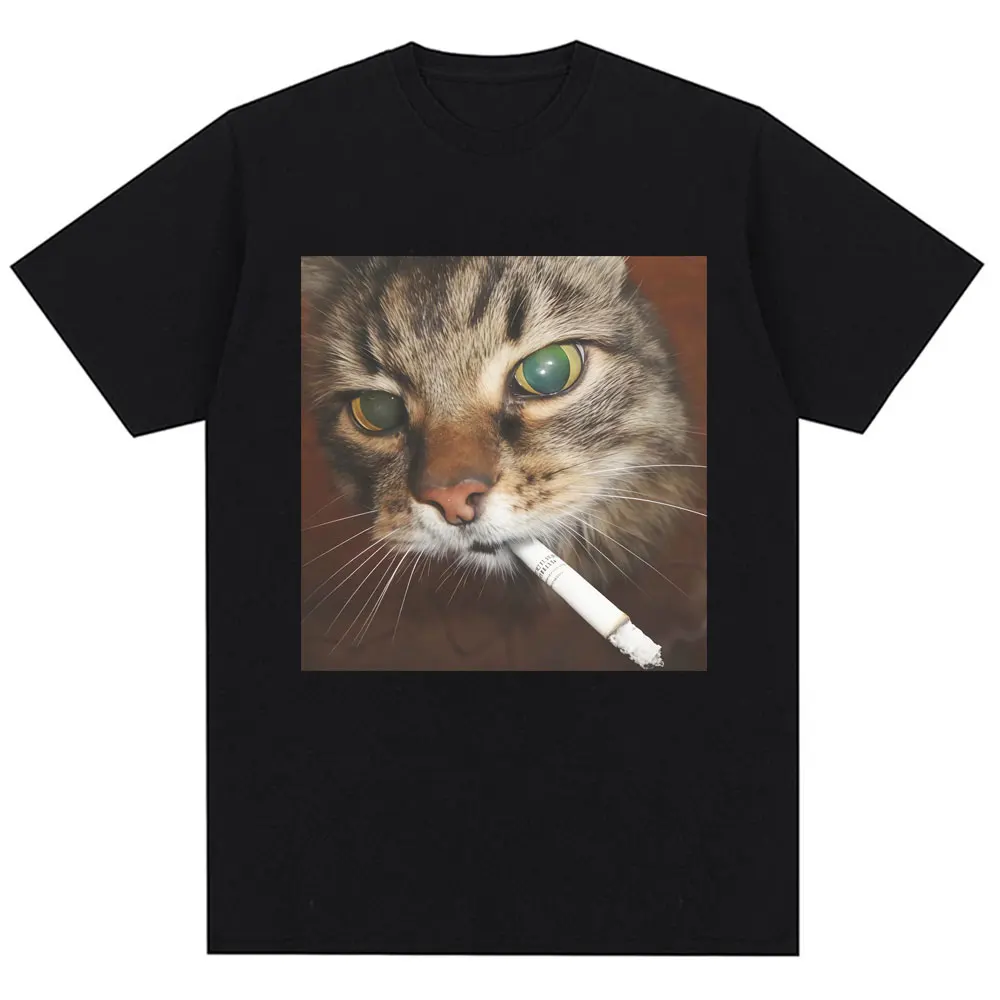 

Funny Smoking Cigarette Cat Meme Graphic T-Shirt Men Women Fashion Vintage T-shirts Loose Pure Cotton Casual T Shirt Streetwear