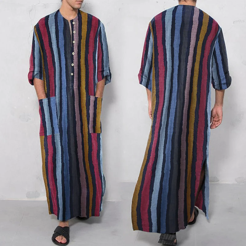 Men Sleep Robes Pocket Loose Long Sleeve Vintage Stripe One-piece Pajamas Casual Buttons Nightgown Mens Robe Sleepwear Nightwear