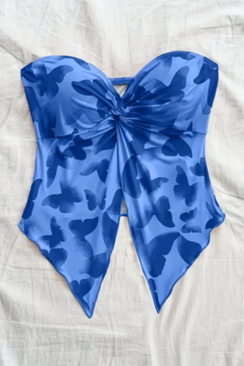 Top feminino elegante sem alças com ombro de fora e um pescoço